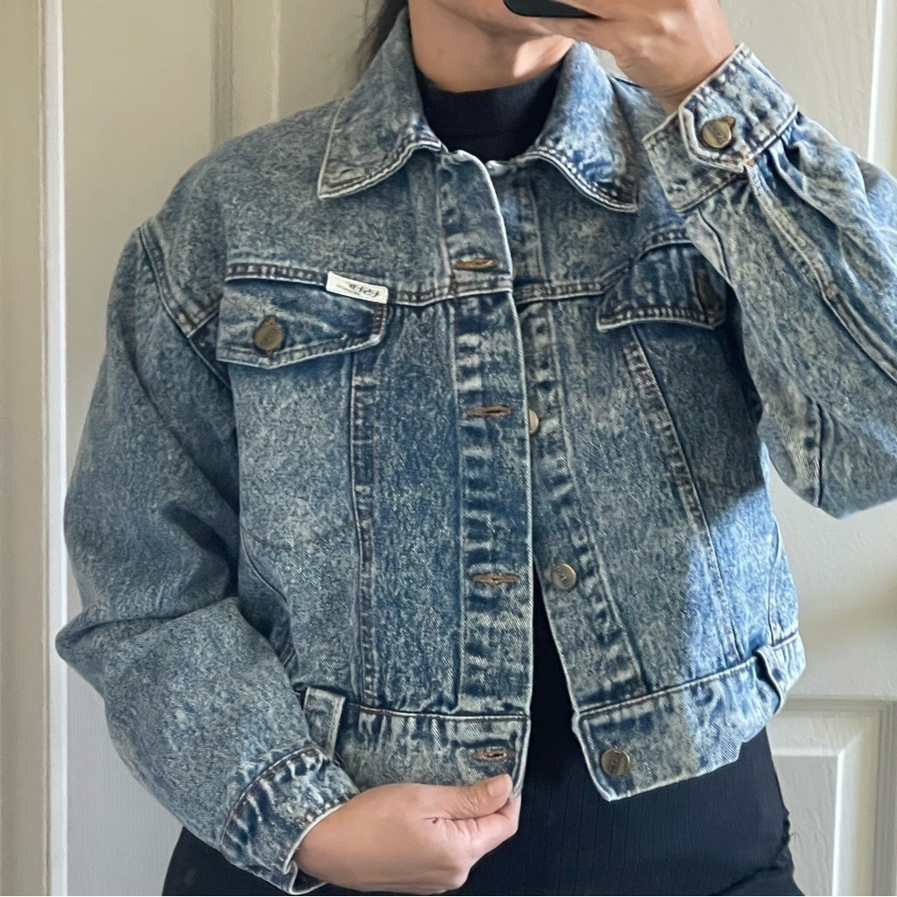 Vintage 80s USED Jean Jacket Acid Wash Blue Cropped Denim Size M